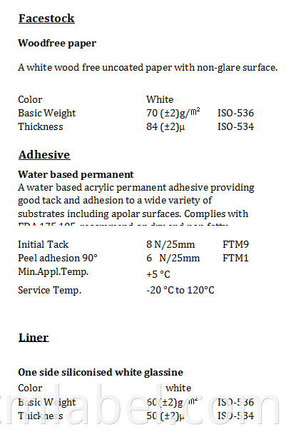 70g Woodfree Paper Acrylic 60g White Glassine Tds 92c1422